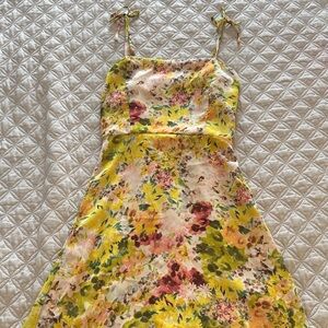 Yellow Floral Tie-Shoulder Kids Dress